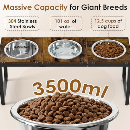 Elevated Dog Bowls Stand for Large Dogs - 3 Bowl Dog Feeder with Adjustable Height & Tilt, Stainless Steel Bowls & Wood Tray for Large Breeds, Triple Bowl Feeding Station, 3500ML*3 Capacity