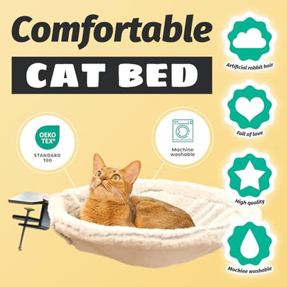 Round Cat Desk Bed, Space Saving Elevated Pet Hammock for 40lbs Cats, All-Season Office Workspace Cat Seat, Sturdy Desk Mounted Bed with Washable Breathable Fabric, 360 View Hammock - color: Rose Velvet-Beige