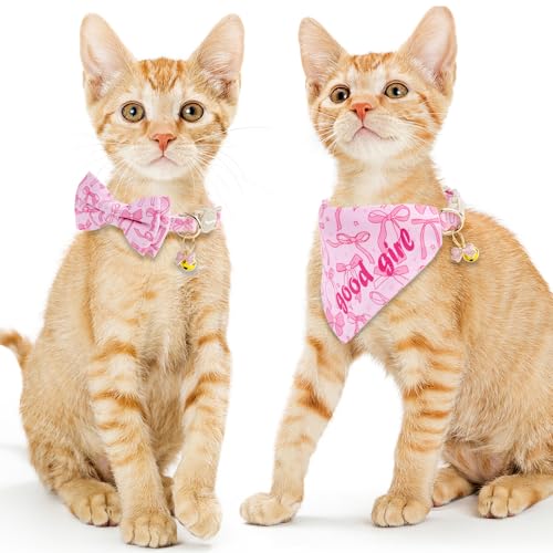 Faygarsle 2 Pack Pink Bow Pattern Cat Collar Set with Bandana and Bowtie, Breakaway Safety Collar with Bell Spring Summer Design for Girl Cats - color: Pink Bow
