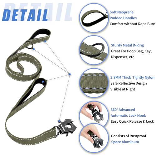 Strong Heavy Duty Dog Leash - 5ft Reflective Nylon Training Leash with Soft Padded Double Handle & Auto Lock Frog Clip - Safety Traffic Control for Large Medium Small Dogs No Pull Walk Army Green,4ft - color: Army Green, size: 4FT x 1" x 2.8MM