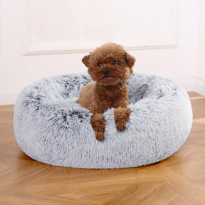 Amazon Basics Washable Donut Pet Bolster Faux Fur Bed with Removable Cover, Anti-Slip Bottom for Dog, Grey, 23" x 23" - color: Grey, size: 23" x 23"
