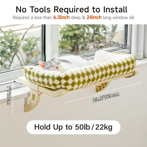 MEWOOFUN Cat Window Sill Perch for Indoor Cats, One-Step Sliding Clamping Slot Adjustment Cat Window Hammock with Removable Covers, Cat Bed for Windowsill & Bedside (Green, Large)