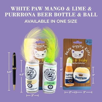 Haute Diggity Kitty White Paw Mango & Lime + Purrrona Beer Bottle & Ball Set, Plush Cat Toys Catnip Filled with Interactive Crackle Sound, Safe & Durable Toys for Cat & Kitten, 4 Pcs - style: Kitty WP Mango & Lime + Purrrona Beer Bottle & Ball