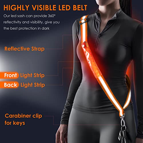 LED Belt Reflective Sash for Walking at Night, High Visibility Adjustable Night Running Safety Gear Rechargeable LED Light Up Running Belt Reflective Gear for Runners Walkers Men Women - color: orange