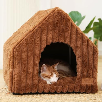 FUKUMARU Cat Houses for Indoor Cats, Washable Cute Cat Bed Cave with Removable Pillow, Large Semi-Enclosed Cozy Dog House Indoor, Soft Faux Rabbit Fur Kitten Bed, 17.5-Inch Durable Cat Hideaway, Brown - color: Brown