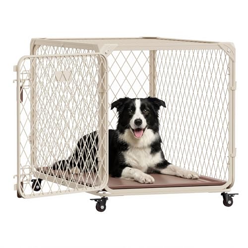 36 Inch Dog Crate with Lockable Wheel, Diamond Mesh Metal Dog Kennel Cage with Double Secure Latch & Leak-Proof Tray, Escape-Proof Dog Crates for Medium Dogs Breeds, Dogs up to 100 lbs - size: 36.9"L x 23.4"W x 23.7"H