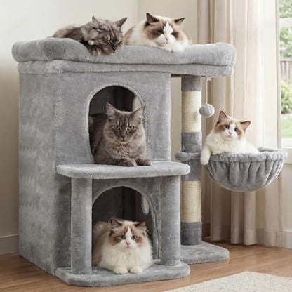 Heybly Cat Tree, 25.6-inch Cat Tower with Spacious Top Perch for Large Cats, Stair-Style Cat House Furniture with Dual-Layer Condos, Sisal Scratching Posts, Cozy Basket & Pompom, Light Gray HCT204SW - color: Light Gray, size: 25.6 inch