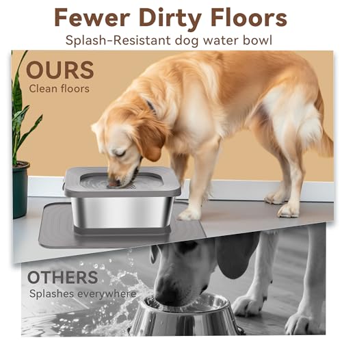10L No Spill Dog Water Bowl, 2.6 Gal Stainless Steel No Splash Large Dog Water Bowl with Non-Slip Silicone Mat, Spill Proof Slow Drinking Pet Bowls for Messy Drinkers Indoor/Outdoor Use Gray - color: Grey