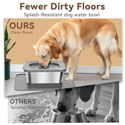 10L No Spill Dog Water Bowl, 2.6 Gal Stainless Steel No Splash Large Dog Water Bowl with Non-Slip Silicone Mat, Spill Proof Slow Drinking Pet Bowls for Messy Drinkers Indoor/Outdoor Use Gray - color: Grey