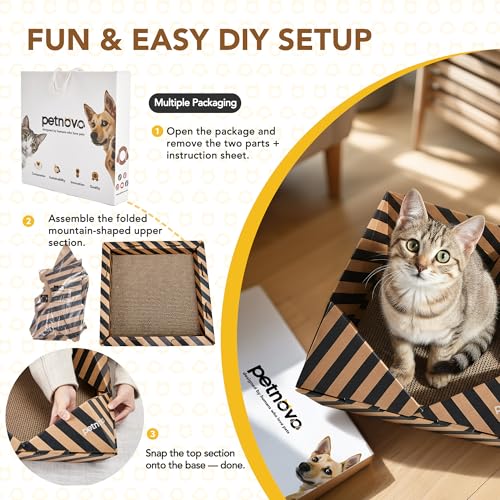 Foldable Cardboard Cat House & Bed for Indoor Cats – Origami Cat Cardboard Hideaway with Honeycomb Scratcher Pad, Collapsible Travel-Ready, FSC-Certified, Silver Award Winner, Black - color: Black