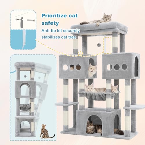 Hey-brother Cat Tree Tower, Large Sisal Scratching Posts with Big Platform, 3 Spacious Condos, Plush Hammock, Toy, 57.5 Inches Multi-Level Furniture for Indoor Adults Maine Coon, Light Gray MPJ083W - color: Light Gray