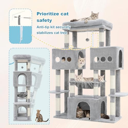 Hey-brother Cat Tree Tower, Large Sisal Scratching Posts with Big Platform, 3 Spacious Condos, Plush Hammock, Toy, 57.5 Inches Multi-Level Furniture for Indoor Adults Maine Coon, Light Gray MPJ083W - color: Light Gray