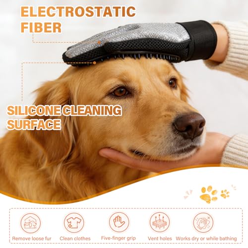 2-in-1 Upgrated Dual Sided Pet Hair Removal Glove, Gentle Deshedding Brushes for Dogs & Cats with Long and Short Fur, Reusable Electrostatic Pet Hair Remover Gloves for Sofa Clothing Cat Beds - 1 Pair