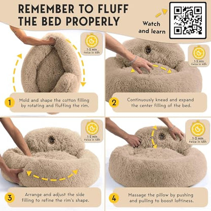 PetJett Calming Medium Dog Bed - 30'' Round Dog Beds - Washable Dog Bed - Anti-Slip Super Soft Fluffy Plush Donut Bed, Anti-Anxiety Premium Comfort Pet Bed, Fits Dogs up to 45 lbs - Beige - color: Beige, size: Medium - 30”L x 30”W x 8”Th