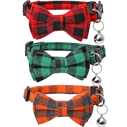 Christmas Cat Collar Halloween Thanksgiving Day Fall Breakaway with Cute Bow Tie and Bell for Kitty Adjustable Safety Plaid - color: Red+Green+Orange