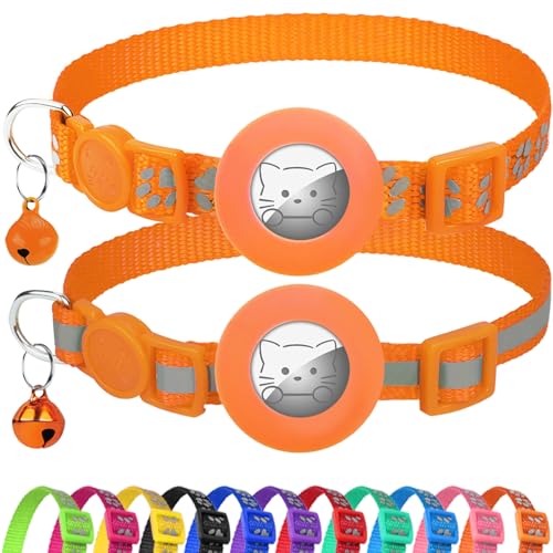 Joytale AirTag Cat Collar 2 Pack with Breakaway Safety Buckle, Reflective Cats Collar with AirTag Holder, Adjustable 7.5-12.5 Inch, Anti-Fraying Lightweight for Girl Boy Kitten, Orange - color: Orange