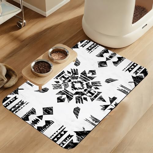 Black Boho Art Dog Food Mat–Absorbent Quick Dry Feeding Placemat for Food and Water Bowls, Non Slip Rubber Backing, Waterproof Pet Supplies for Mess-Free Eating 16"x24" - color: Black Boho Art, size: 16"L x 24"W