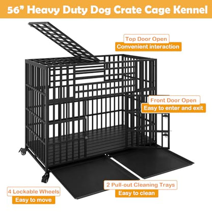 56 inch Heavy Duty Indestructible Dog Crate, Escape Proof Double Door Pet Kennel with Wheels and Trays, Chewproof High Anxiety Extra Large Dog Cage Indoor for Large Giant Dogs, XL/XXL - size: 55.5"L x 29.1"W x 46.1"H
