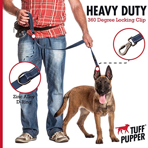 Tuff Pupper Heavy Duty Double Handle Leash | Twist Locking Carabiner Clip | Safety Lock for Strong Dogs | Reflective for Safe Night Walks | 6 Foot Leash | For Medium & Large Dogs - color: Midnight Blue