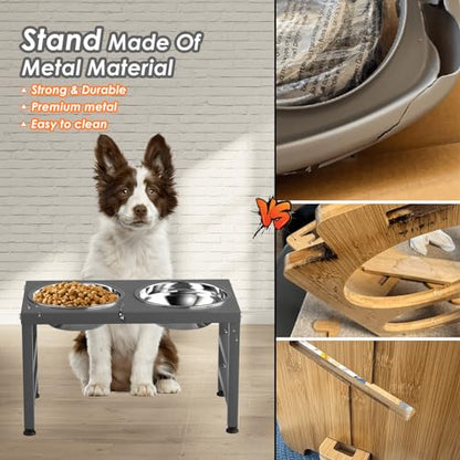 ADENGL Metal Raised Dog Bowl, 10" Height Tall Elevate Dog Feeder Stand with 2 Stainless Steel 42oz Bowls & 16x24 Non-Slip Mat – Stronger Dogs Food & Water Bowl Stand (Grey) - color: Grey - L Black Dog Mat, size: Height-10inch
