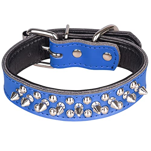 Spiked Studded Dog Collar, Soft Genuine Leather Dog Collar, Adjustable Dog Collars for Small Medium Large Dogs Breeds Pit Bull (S fit Neck 10.5-13", Dark Blue2) - color: Dark Blue2, size: S fit Neck 10.5-13"