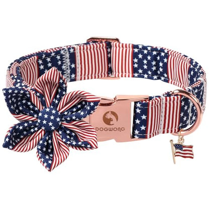DOGWONG American Flag Dog Collar, 4 of July Dog Flower Heavy Duty Adjustable Patriotic Dog Collars with Bowtie for Small Dogs - color: American Flag B Flower, size: S