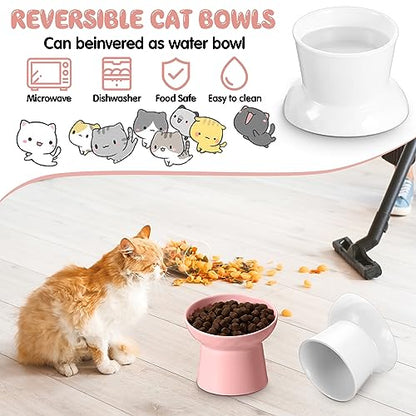 Tanlade 4 Pcs Ceramic Raised Cat Bowls, Elevated Tilted Cat Bowl for Food Water, Stress Free, Backflow Prevention, Dishwasher Microwave Safe, Feeder Dish for Indoor Kitten, Small Dogs(White and Pink) - color: White and Pink