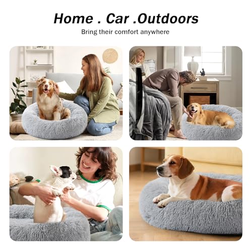 Calming Donut Dog Bed for Small to Medium Dogs & Cats - Plush Faux Fur Anti-Anxiety Pet Bed with Machine Washable Cover & Non-Slip Base - color: Light gray, size: Small 19.6''