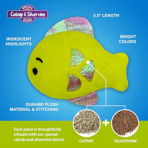 Pounce & Purr® Plush Cat Toys, Catnip & Silvervine Infused, Shiny Iridescent Accents, Interactive Play Toys for Cats & Kittens (Fish) - color: Fish
