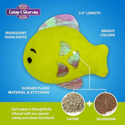 Pounce & Purr® Plush Cat Toys, Catnip & Silvervine Infused, Shiny Iridescent Accents, Interactive Play Toys for Cats & Kittens (Fish) - color: Fish