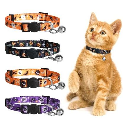 4 Pack Halloween Kitten Collars Breakaway with Bells, Adjustable Cat Collars with Safety Buckle,Adjustable from 6"-8", Skull and Crossbones,Ghosts, Spider and Pumpkin Prints - color: 8#Spider, size: Kitten(Neck:6"-8")