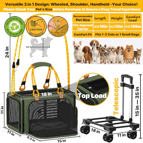 PAWZIDEA Expandable Pet Carrier with Wheels, 18"x11"x11" TSA Airline Approved Cat Carrier for 2 Cats Under Seat, Collapsible Soft-Sided Small Dog Rolling Travel Bag with Telescopic Handle, Up to 18lbs - color: Dark Green-Wheels