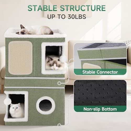 2-Storey Cat House for Indoor Cats, Separate Into 2 Large Cat Bed Cave with Hideaway Condos, Scratch Pads, Hanging Balls, Foldable Indoor Cat House, Cat Cube for Multiple Cats Kitten, Green - style: Green