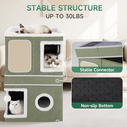 2-Storey Cat House for Indoor Cats, Separate Into 2 Large Cat Bed Cave with Hideaway Condos, Scratch Pads, Hanging Balls, Foldable Indoor Cat House, Cat Cube for Multiple Cats Kitten, Green - style: Green