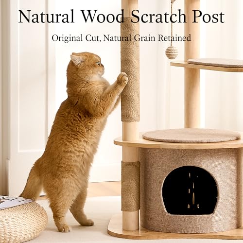 797Audio Modern Wood Cat Tree Tower, 46" Aesthetic Cat Tree with Natural Pine Wood Scratching Posts and Condo for Adult Cats, Solid Rubber Wooden & Linen Cat Tree,Multi-Level Tree for Indoor Cat - color: 46 Inch