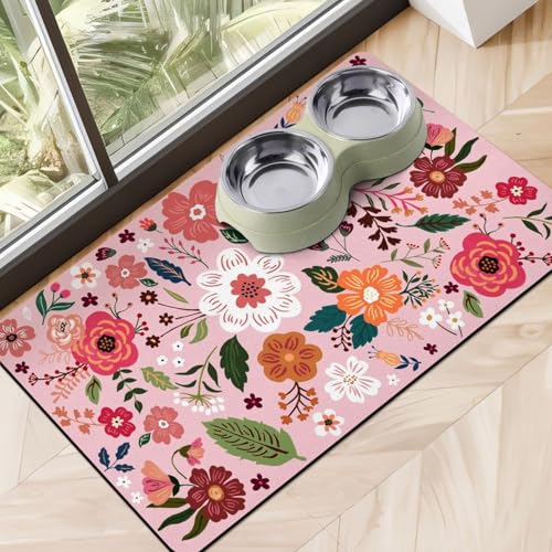 Dog Food Mats for Floors, Absorbent Dog Bowl Mat for Food and Water Dispenser Mat, Quick Dry Cat Food Mat Pet Supplies - color: Floral Pink, size: S(12"×20")
