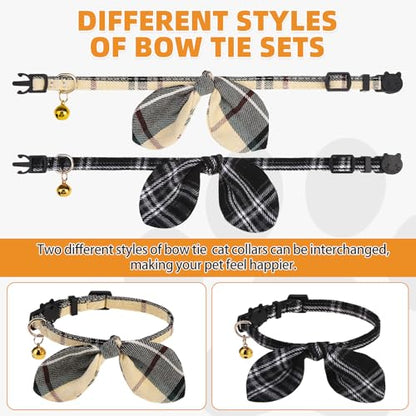 KOOLTAIL Cat Collar Breakaway with Bowtie and Bells, 2 Pack Cute Kitten Collars for Boys & Girls, Classic Plaid Design with Safety Buckle Adjustable for Small Large Cats Puppy,Black & Beige - color: Beige & Black Plaid