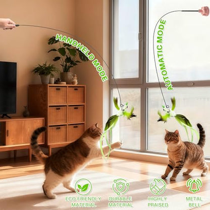 Walfront Christmas Cat Toys, Green Feather Bird Wand with Pink Flower Suction Base, Fishing Rod Design, Indoor Play for Adult Cats, Single Cat Homes, Fun Self Play and Relaxing Mood
