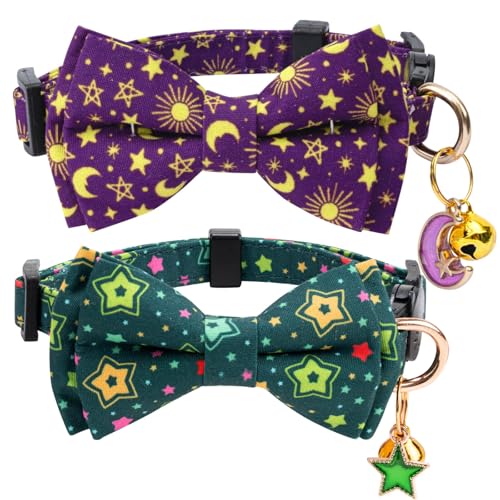 2 Pack Cotton Cat Collar with Bow Tie and Bell for Girl Boy Cats,Cute Pink Flamingo and Blue Whale Pattern Spring Summer Breakaway Cat Collar for Male Female Cats (Star&Moon) - color: Star&Moon