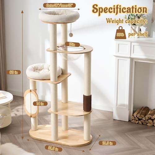 Modern Solid Wood Cat Tree for Indoor Cats Up to 15lbs, 60" Tall & Wide Cat Tower with Scratching Posts, Scratcher & Self-Grooming, Large Cat Beds, Capsule Nest, Multi-Level Cat Furniture - color: 60"Natural