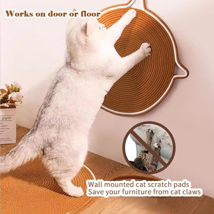 2-Pack Cat Scratching Mats, Natural Cotton Rope Scratch Pad with Ear Shape Hanging Hook and Play Ball, Furniture Protector for Wall, Floor, Sofa, Couch, Carpet, Brown
