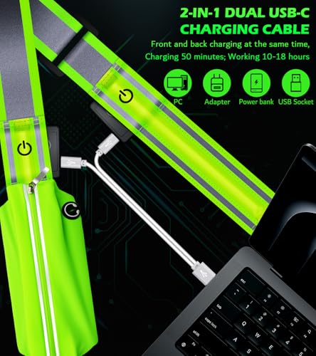 Ylzzrs LED Belt Reflective Sash for Walking at Night,High Visibility Adjustable Night Running Safety Gear,Light Up Running Belt Reflective Gear with Phone Bag/Armband for Runners Walkers Men Women - color: Green