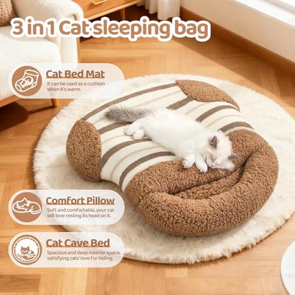 Jiupety Cat Sleeping Bag Cat Beds for Indoor Cats Self-Warming Dog Sleeping Bag Cozy Plush Portable Snuggle Sack Cat Bed Cave Machine Washable for Cats & Small Dogs,Brown Large