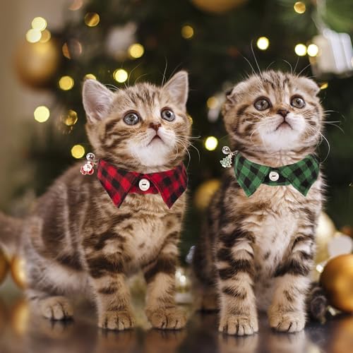 ADOGGYGO Christmas Cat Collars Breakaway with Bow Tie Bell, 2 Pack Red Green Plaid Xmas Kitten Collar with Removable Shirt Collar, Plaid Christmas Collars for Cats Kittens - color: Red&Green-3