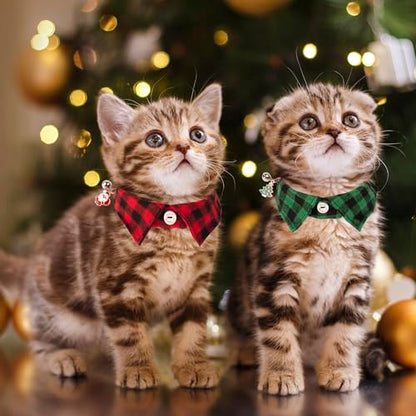 ADOGGYGO Christmas Cat Collars Breakaway with Bow Tie Bell, 2 Pack Red Green Plaid Xmas Kitten Collar with Removable Shirt Collar, Plaid Christmas Collars for Cats Kittens - color: Red&Green-3