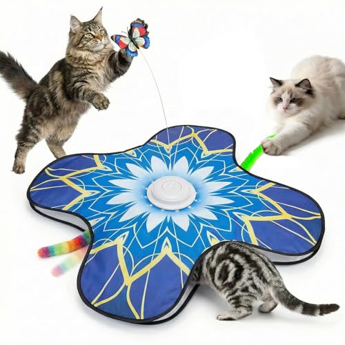 Interactive Cat Toy for Indoor Cats, Touch Activated Automatic Electronic Cat Toy with Sound On/Off, Dual Wands, Non-Slip Suction Cups, Rechargeable Hide and Seek Cat Play Mat for Bored Adult Kittens - color: Blue