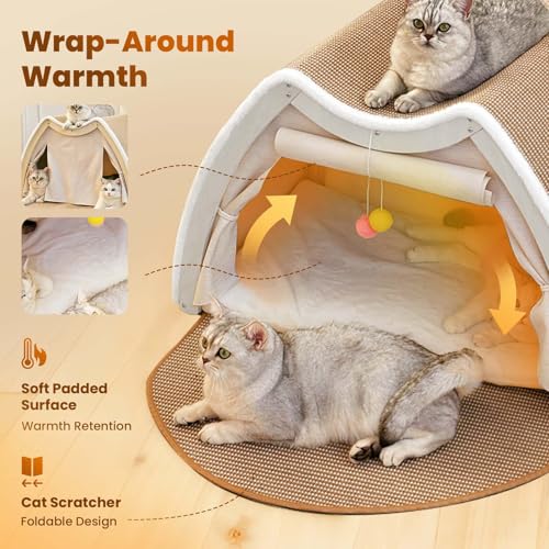 Cat Houses for Indoor Cats - 4 Seasons Cat Bed Cave with Natural Sisal Cat Scratcher Mat, Solid Wood Frame Cat House with Curtains and Cat Floor Scratching Pad Rug, Protect Couch and Carpets, M