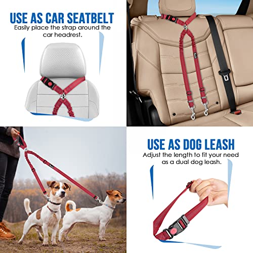Lukovee Double Dog Seat Belt, New Dual Pet Car Headrest Restraint Safety Seatbelt No Tangle Dog Leash Duty Adjust Elastic Bungee Puppy Lead Splitter Connect Harness in Vehicle Travel for 2 Dogs (Red) - color: Red