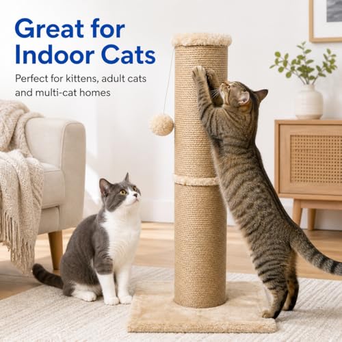 Sisal Cat Scratching Post for Indoor Cats & Kittens, 5.5" Diameter Heavy Duty Vertical Scratcher, 32 Inch Extra Tall Furniture Protector with Stable Base, Yellow - color: Cylinder Yellow