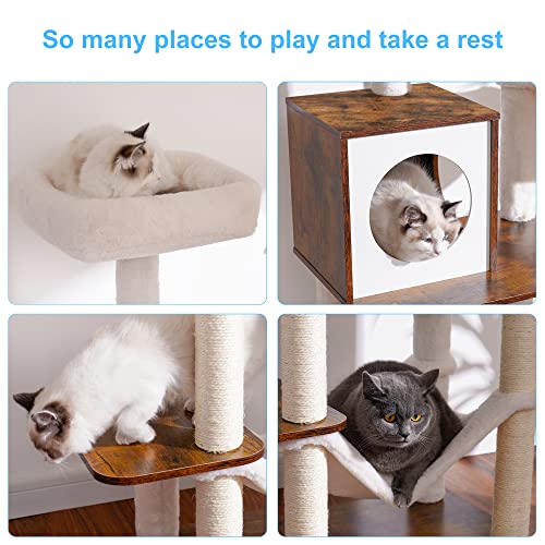 Hey-brother Wooden Cat Tree, 66.1“ Cat Furniture with Scratching Posts, Modern Cat Tower with hammocks, Toys, cat condo, Rustic Brown MPJ120SR - color: Rustic Brown